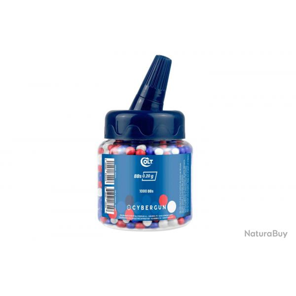 Bouteille de billes Colt 0,20g - 1000 BBs / Bleu, blanc, rouge - Cybergun