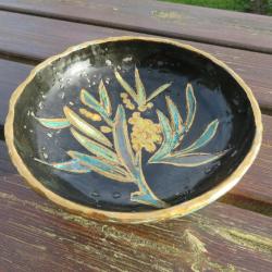 VINTAGE-Coupe/vide-poche céramique piédouche décor "Branche de Mimosa"-Vallauris GAZIELLO (Vers1950)