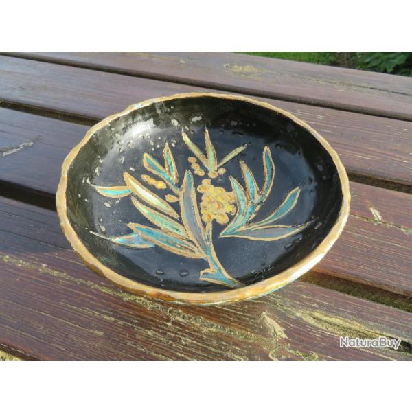 VINTAGE-Coupe/vide-poche céramique piédouche décor "Branche de Mimosa"-Vallauris GAZIELLO (Vers1950)