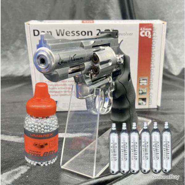 Pack prt  tirer Revolver + Billes acier + CO2 - DAN WESSON 2.5'' Silver 4.5 CO2-BBS