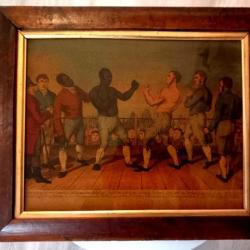 Peinture encadrée "Hand painted, made in England"  Boxe  The Battle between  Cribb contre Molineaux