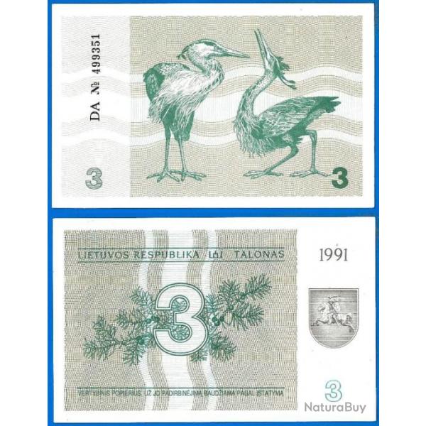Lituanie 3 Talonas 1991 Neuf Billet Litu Litas Animal Heron Oiseau