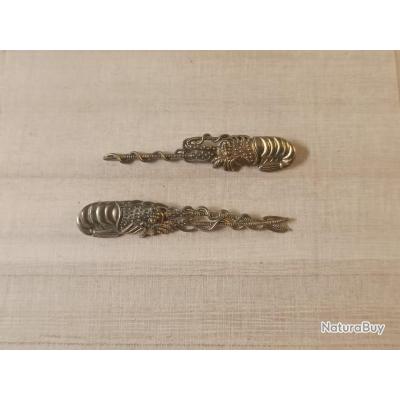 Menuki Japonais Ancien – Raccords D'épée Samouraï – Coq – Or – Antique