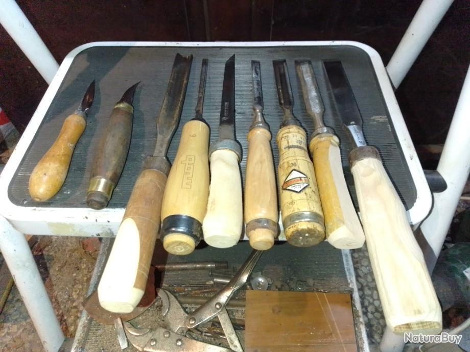 Lot outils sculpture bois pro ancien coupe rasoir ciseaux bédanes