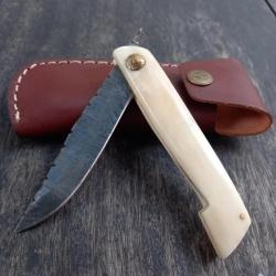 Couteau artisanal Piémontais Damas Manche en OS avec Étui en cuir