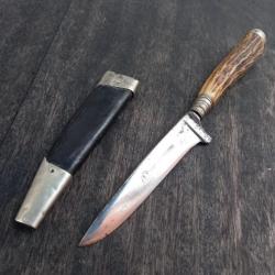 Ancien Couteau de Chasse NICKER ALLEMAND CARL HEMELBERG SOLINGEN Manche en Bois de Cerf avec Étui