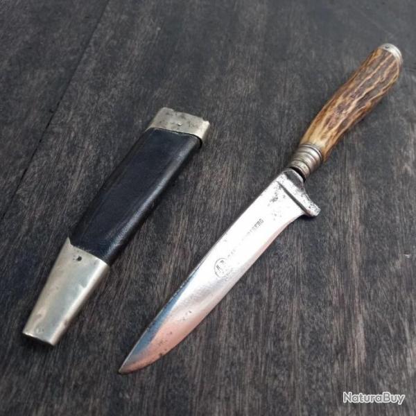 Ancien Couteau de Chasse NICKER ALLEMAND CARL HEMELBERG SOLINGEN Manche en Bois de Cerf avec tui
