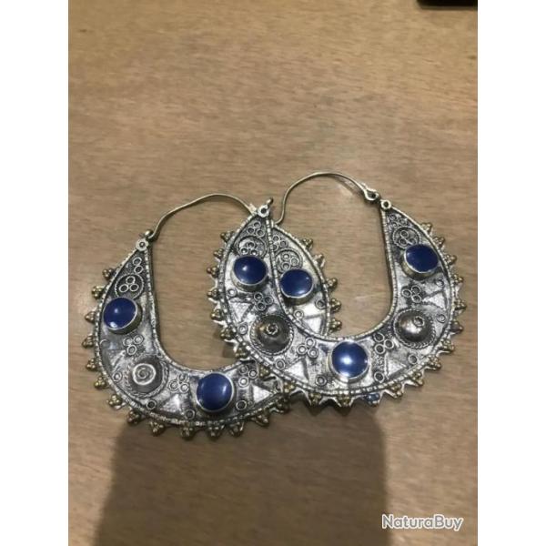 boucles oreilles Afghanistan pierres lapis lazuli sur argent cisel