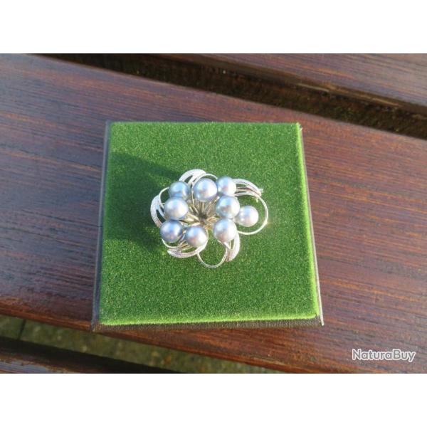 VINTAGE - Ancienne Broche stylis mtal argent et perles de couleurs bleu Azur (XX)