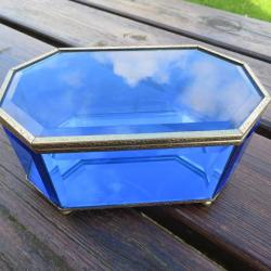 Vintage - Ancienne Grande Boite/Coffret à bijoux en verre bleu biseauté (Vers 1950-60)
