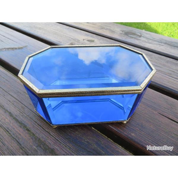 Vintage - Ancienne Grande Boite/Coffret  bijoux en verre bleu biseaut (Vers 1950-60)