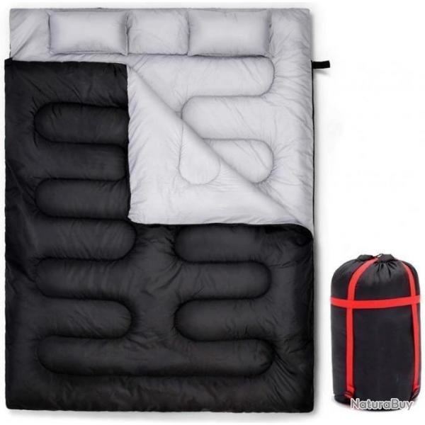 Sac de couchage chaud 2 personnes 220x150 cm - 2 oreillers offerts - Noir - Livraison rapide