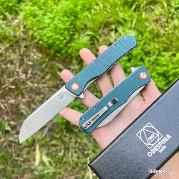 Couteau pliant Obespina D2 stonewash G10 camping survie lame tanto invers