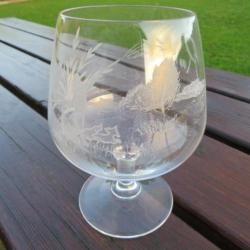 VINTAGE - Ancien grand verre a dégustation en cristal gravé pour Cognac ou Vin fin, Thème "Chasse"