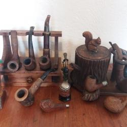 lots de pipes ancienne st claude & etrangere  pot a tabac & presentoir sculpter gibier,noisettes