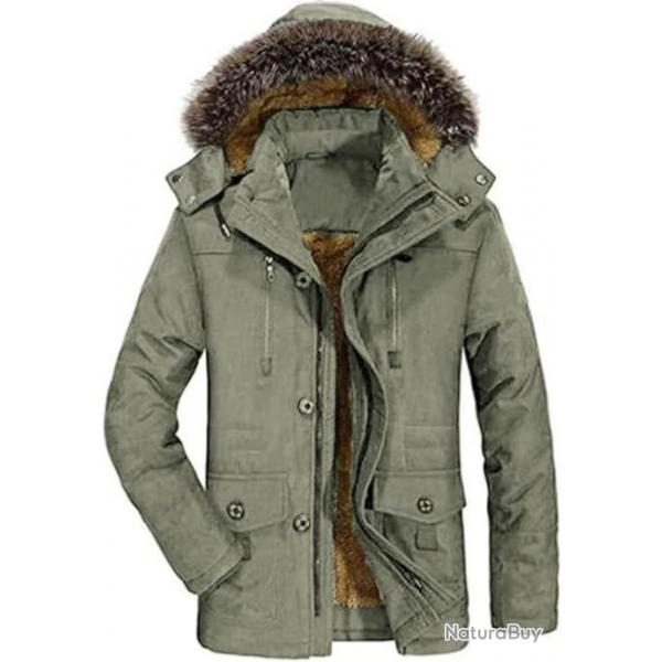 Parka noir avec capuche fourrure pour homme - Veste chaude S  XXXL - Vert arme