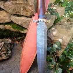 Beau Poignard Couteau Dague Lame Acier Damas 256 Couches Manche Bois Etui Cuir Fabricat Artisanale00