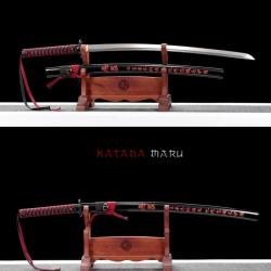 Katana en Acier Carbone 1060 Forgé à la Main - rouge & nois, saya gravé. Authentique sabre japonais 