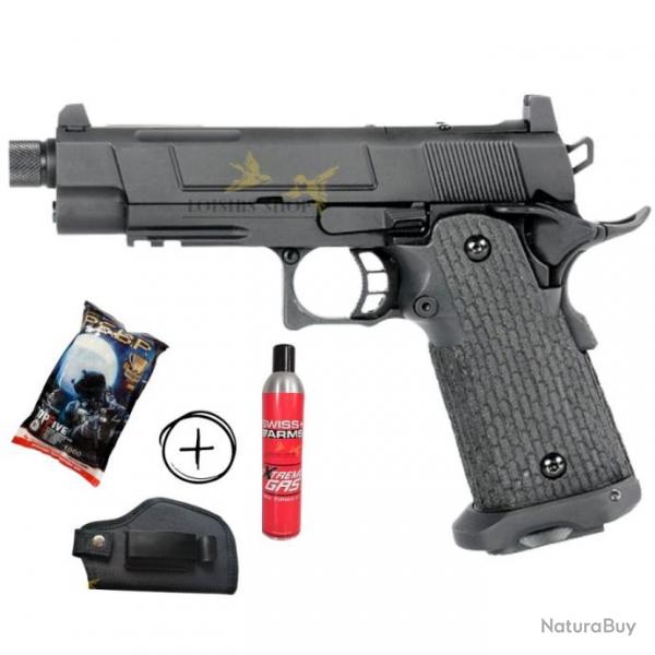 Pack pistolet R504 VII PRO cal.6mm GAZ full metal et blowback + billes, bouteille de GAZ et holster