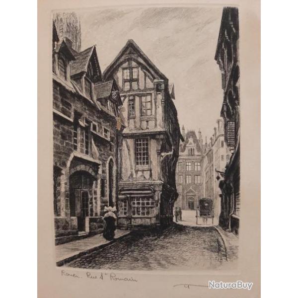 Lithographie ancienne originale signe reprsentant la rue saint romain  rouen