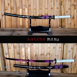 Katana lame violette T10 - Saya noir bambou en coquillage inscrusté