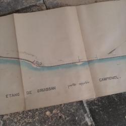 Plan peint à la main des étangs de gruissan. Vers 1900