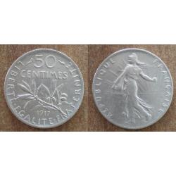France 50 Centimes 1917 Piece Argent Semeuse Centime de Franc