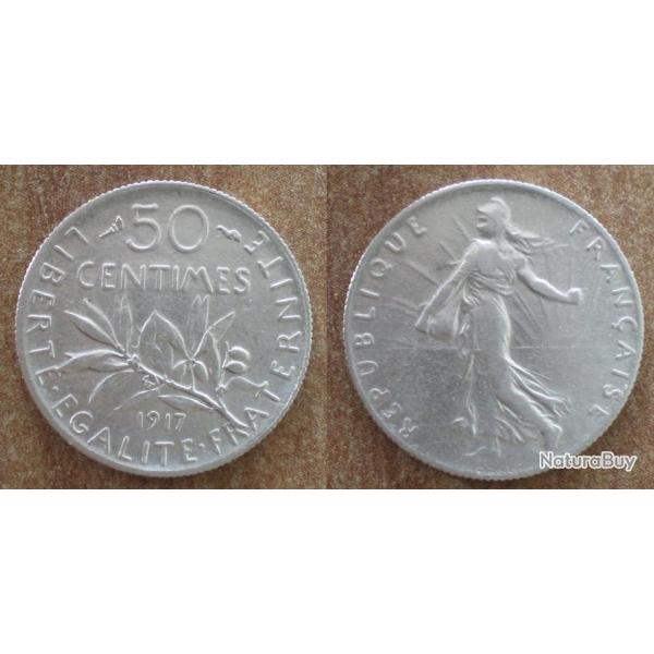 France 50 Centimes 1917 Piece Argent Semeuse Centime de Franc