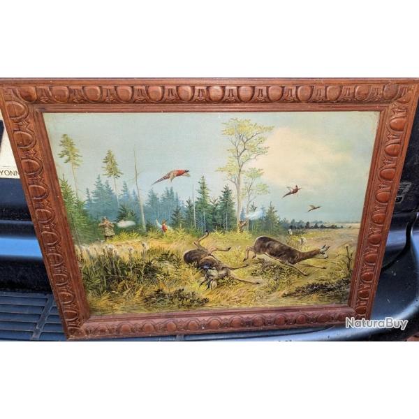 Tableau ancien chromo lithographie chasse aux faisans et aux cerfs sign Mller.