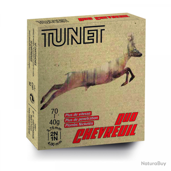 Cartouches Tunet Duo chevreuil - Cal.12/70 - 1 et 2 Nickel / Par 10