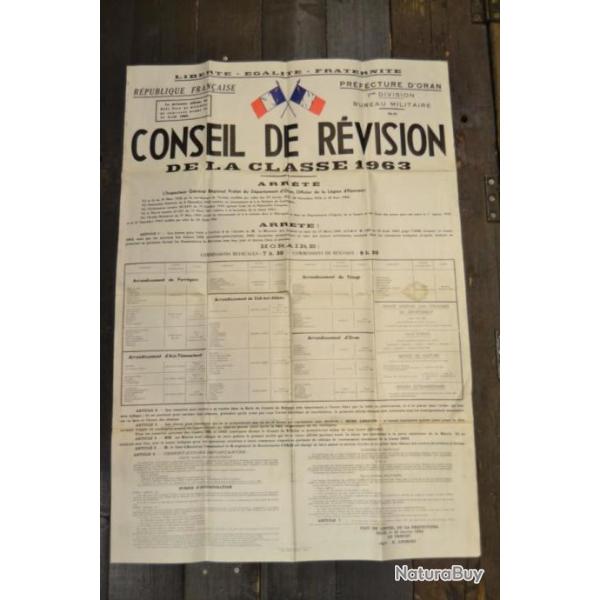 Affiche authentique Conseil de rvision ORAN classe 1963 / Guerre d' Algrie