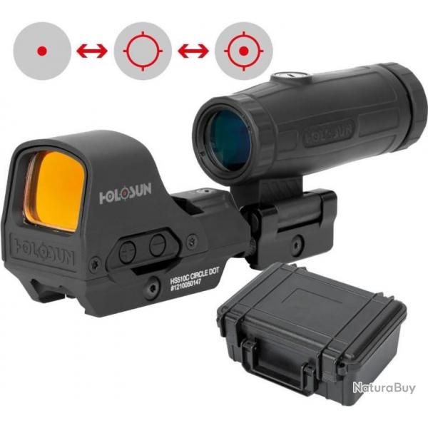 Holosun Ensemble HS510C + Loupe HM3X + tui de Protection Viseur Point Rouge Chasse Tir