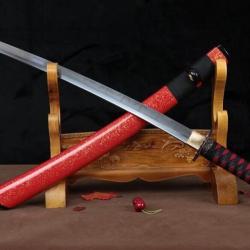 wakizashi T10 sabre japonais court rouge et noir avec hamon