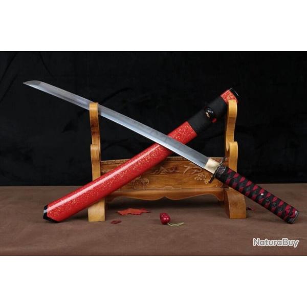 wakizashi T10 sabre japonais court rouge et noir avec hamon