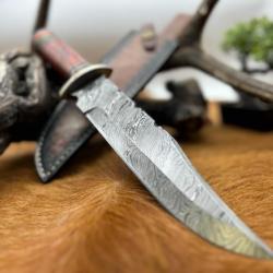 Couteau Bowie lame acier damas 256couches : pièce unique manche en bois véritable artisanal ref b150