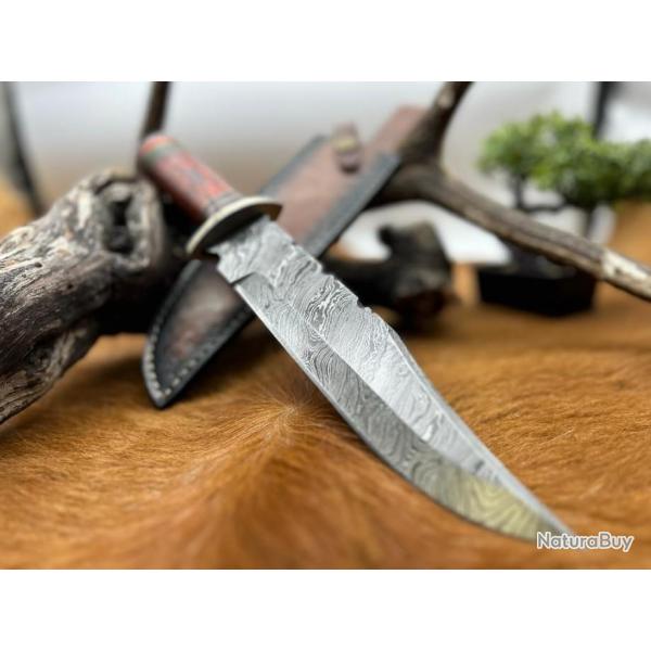 Couteau Bowie lame acier damas 256couches : pice unique manche en bois vritable artisanal ref b150