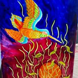 Peinture sur verre sublime représentation d'un colibri volant vers le soleil,