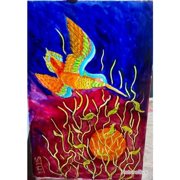 Peinture sur verre sublime reprsentation d'un colibri volant vers le soleil,