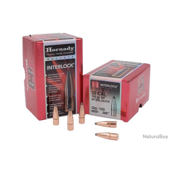 Ogives HORNADY CAL .30 (.308") - 150 grains SP INTERLOCK - Boite de 100