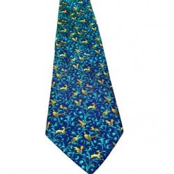 IDEE CADEAU NOËL Cravate en soie motif faisans, lièvres, biches, écureuils fond bleu
