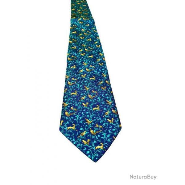 IDEE CADEAU NOL Cravate en soie motif faisans, livres, biches, cureuils fond bleu