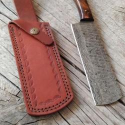 Couperet en Damas Lame en damas Manche en Bois Etui en Cuir