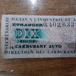 un rare ticket de carburant auto DIX-secrétariat d'état à l'industrie et au commerce