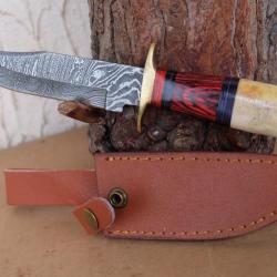XL Poignard Puukko Couteau Damas Lame 256 Couches Bowie Manche Os & Bois Fab Artisanale Etui Cuir01