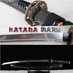 Authentique sabre japonais en Acier Damas. Katana Forgé à la Main - Vrai peau de raie sur le fourrea