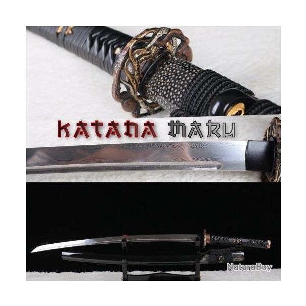 Authentique sabre japonais en Acier Damas. Katana Forg  la Main - Vrai peau de raie sur le fourrea