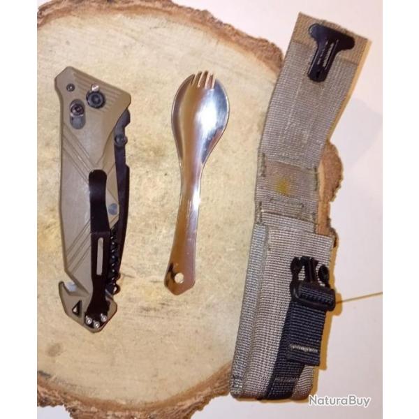 Nouveau Couteau pliant Arme Franaise CAC SERRATION PA6 SABLE avec sa cuillre, fourchette et tui
