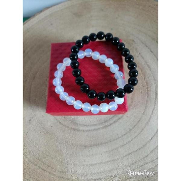 2 bracelets perles 8 mm en pierres naturelles Opaline / Obsidienne( promo de Noel ) )