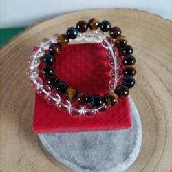 2 bracelets perles 10 mm en pierres naturelles Cristal de Roche / 3 oeils Tigre / Taureau / Faucon