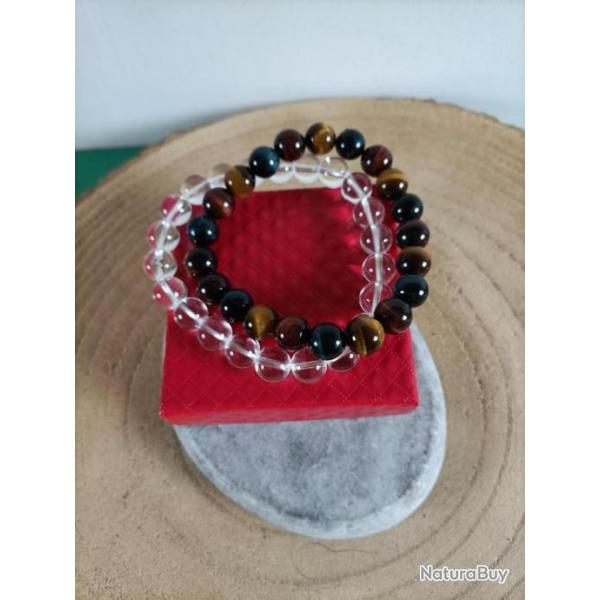 2 bracelets perles 10 mm en pierres naturelles Cristal de Roche / 3 oeils Tigre / Taureau / Faucon